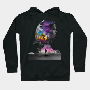 Ethereal Woman Silhouette Blending With Surreal Sunset Landscape in Monochrome Shades Hoodie